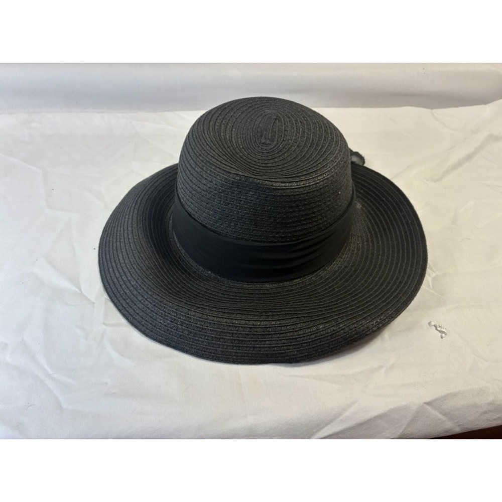 Black Paper Straw Wide Brim Sun Hat Chiffon Ribbon Bow Kentucky Derby Funeral OS